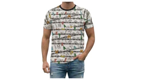 Színes, betű mintás póló (fekete nyakú)