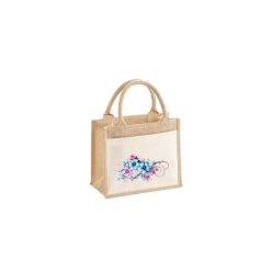 Kék virág-pamut,zsebes juta midi bevásárlótáska