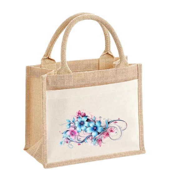 Kék virág-pamut,zsebes juta midi bevásárlótáska Kék virág-pamut,zsebes juta midi bevásárlótáska