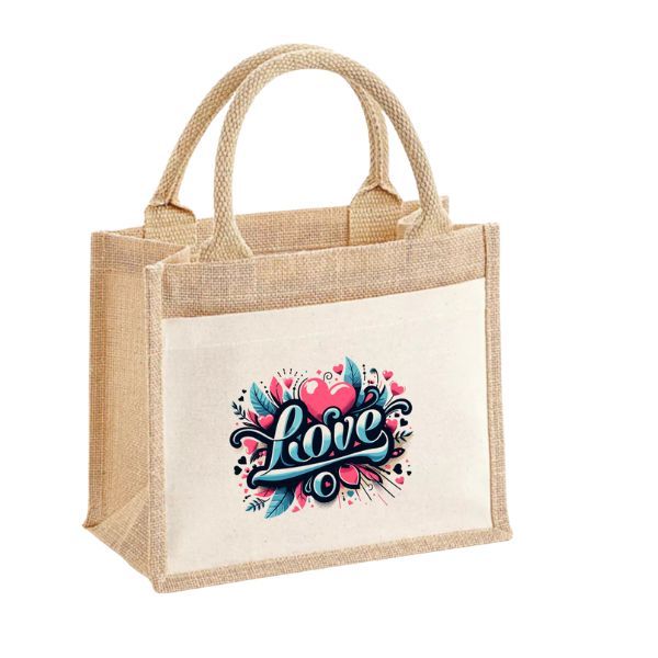 Love-pamut,zsebes juta midi bevásárlótáska Love-pamut,zsebes juta midi bevásárlótáska