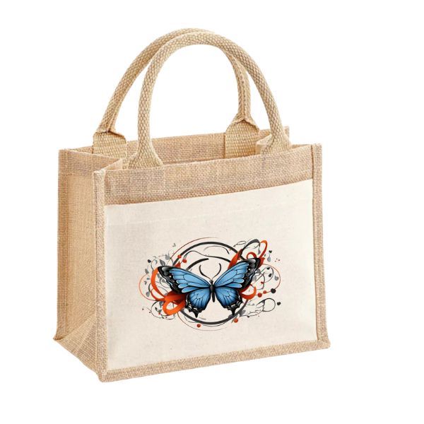 Kék pillangó-pamut,zsebes juta midi bevásárlótáska Kék pillangó-pamut,zsebes juta midi bevásárlótáska